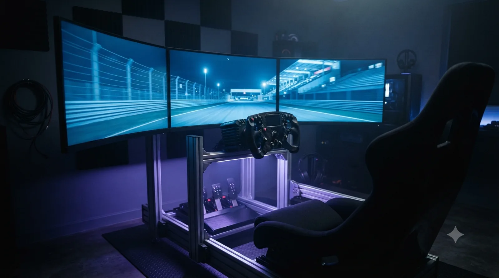 A triple-monitor sim racing cockpit at night: an aluminium-profile rig with a formula-style wheel, three pedals and a black bucket seat, the three screens showing a floodlit race track, with checkered acoustic panels on the wall behind.